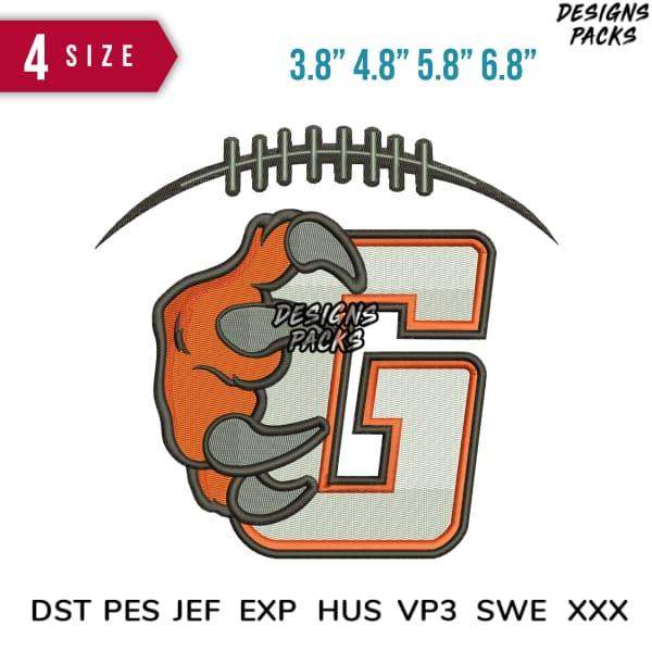 Embroidery design of clawed hand gripping football with number 6, available in 4 sizes & multiple file formats