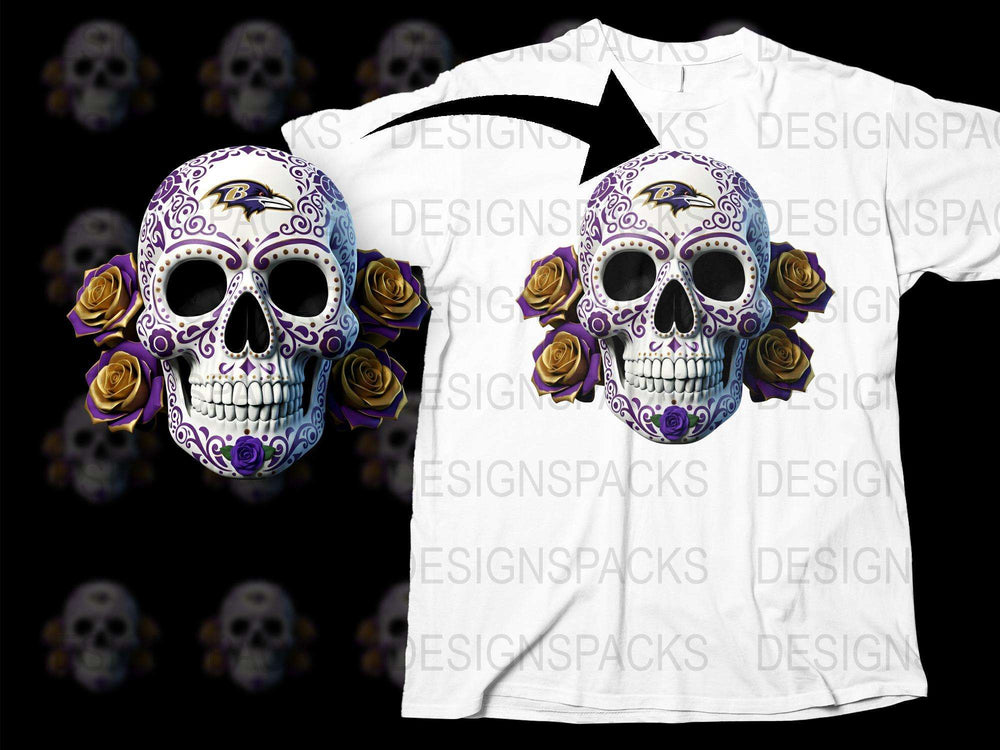 Gothic Skull T-Shirt with Purple Accents and Gold Roses, Mexican Sugar Skull Tee, Unisex Halloween Fashion Shirt