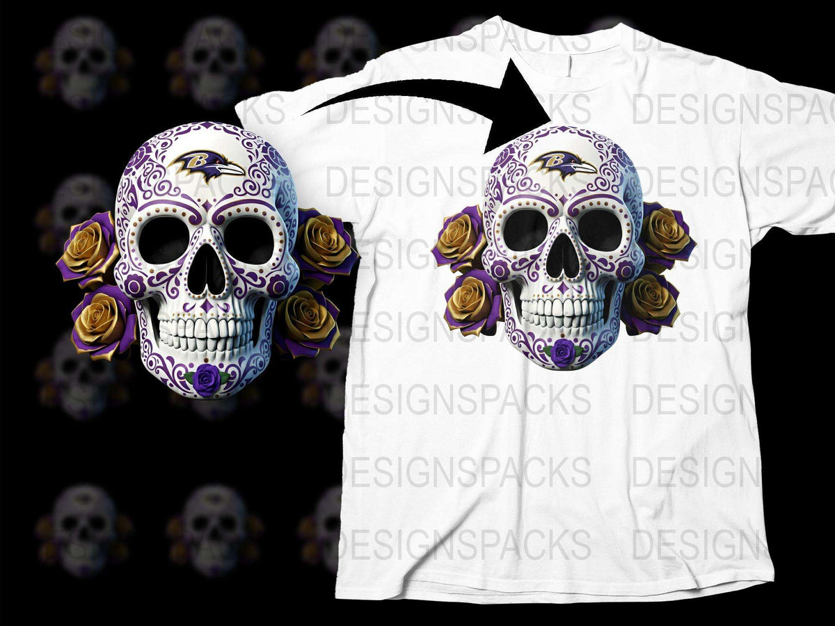 Gothic Skull T-Shirt with Purple Accents and Gold Roses, Mexican Sugar Skull Tee, Unisex Halloween Fashion Shirt