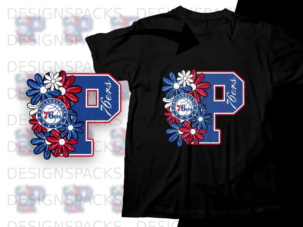 Philadelphia 76ers logo on black t-shirt with floral accents.