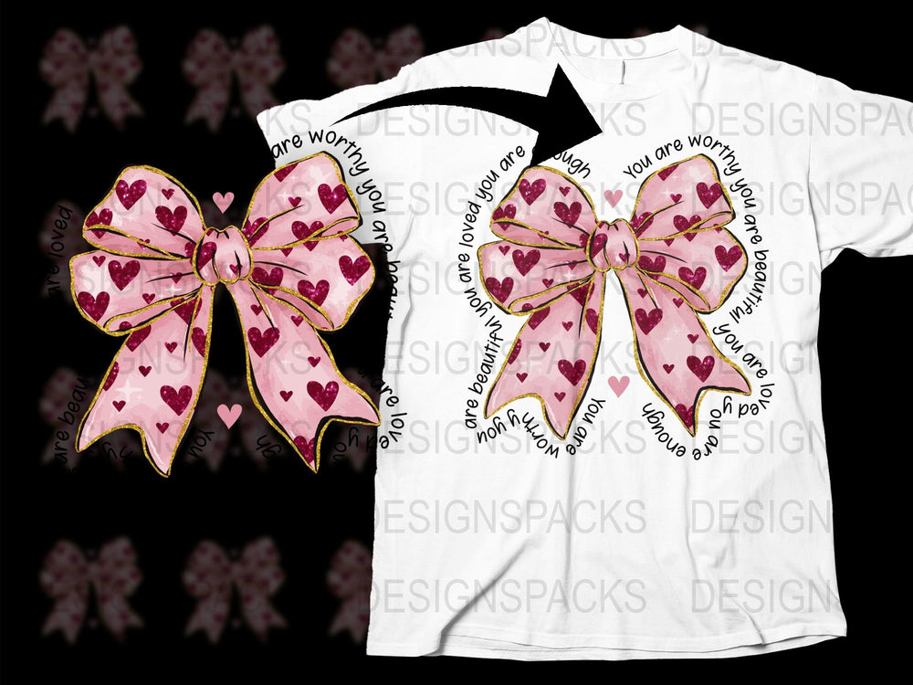 Inspirational Quote Heart Bow T-Shirt, Love Yourself Positive Message, Stylish Women's Graphic Tee, Trendy Fashion Top with Hearts