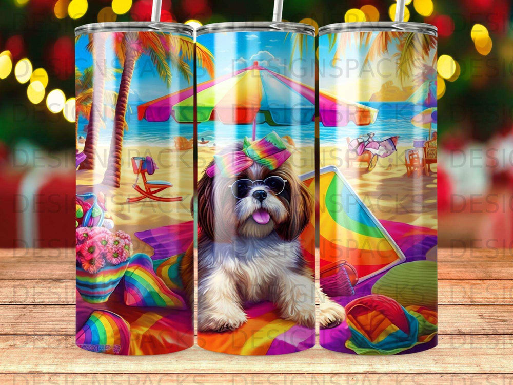 Shih Tzu dog wearing a bow on a colorful beach blanket.