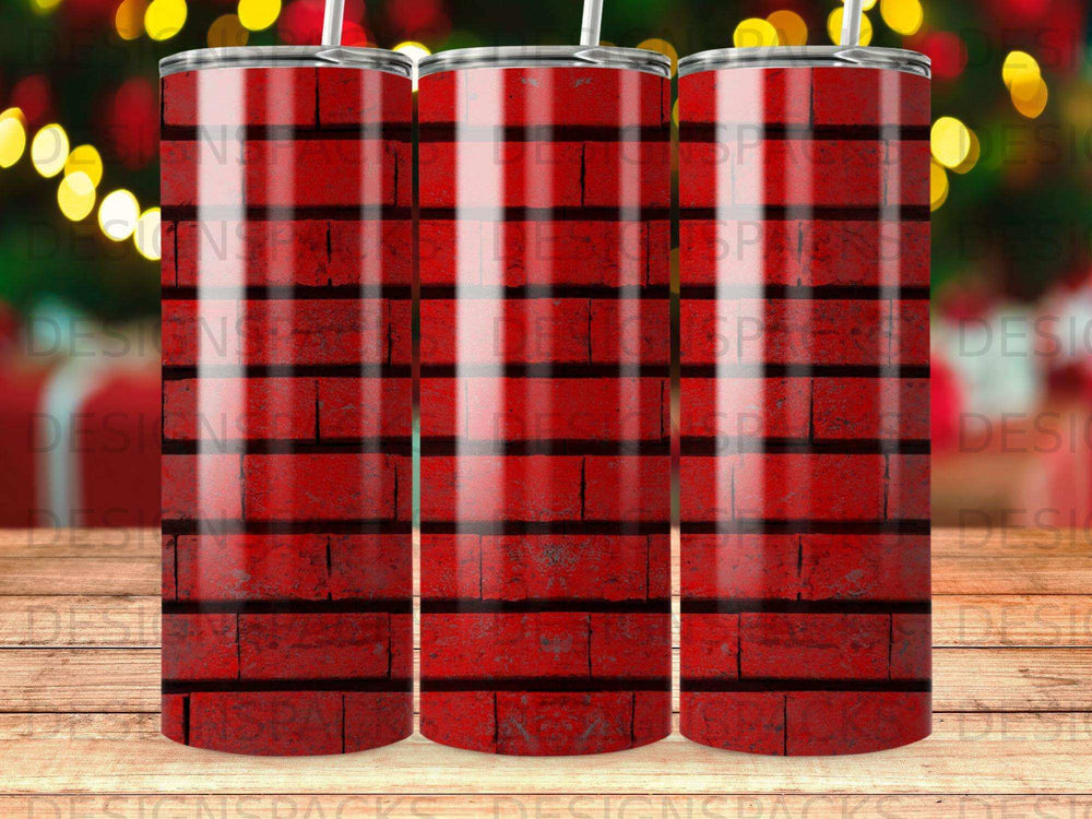Red and black plaid tumbler with a brick background.
