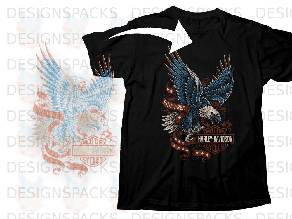 Black t-shirt featuring a detailed graphic of an eagle with wings spread, "Harley-Davidson Cycles" text, and "Ride Free."