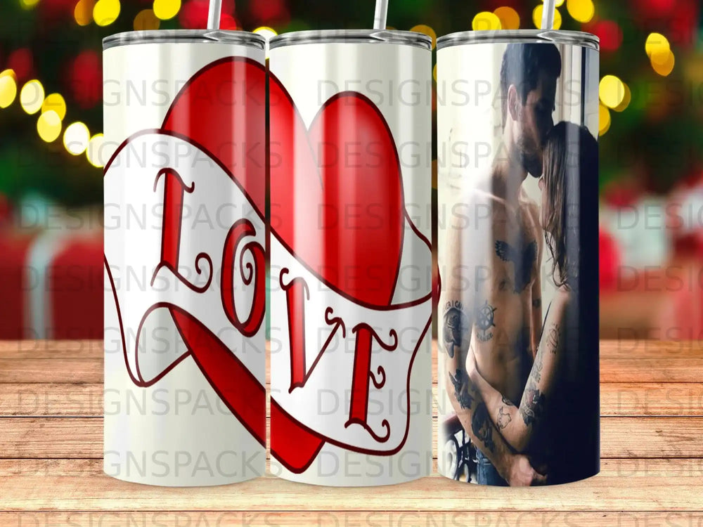 Tumbler with red heart, "LOVE" text, and a couple embracing.