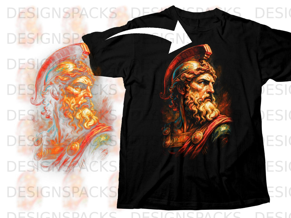 Black t-shirt with a stylized portrait of a warrior with a beard and helmet.