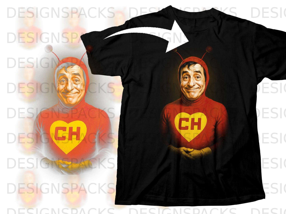 Black t-shirt with character El Chavo del Ocho in red suit and yellow heart logo.