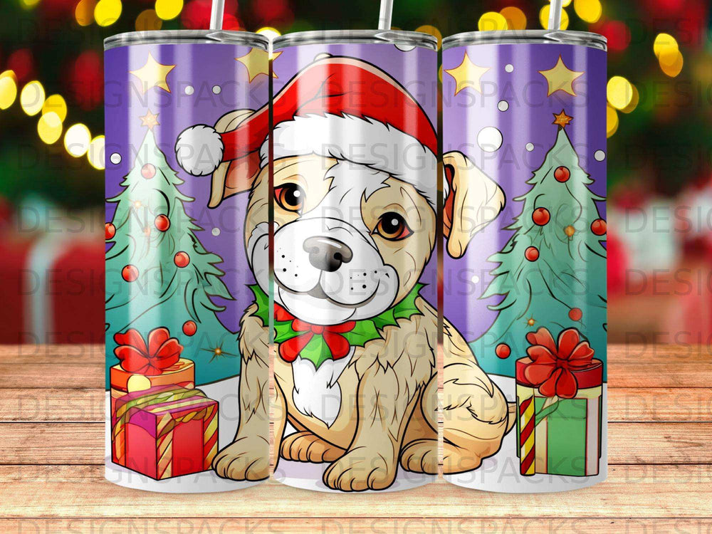 Dog wearing Santa hat and bow with Christmas trees and gifts.