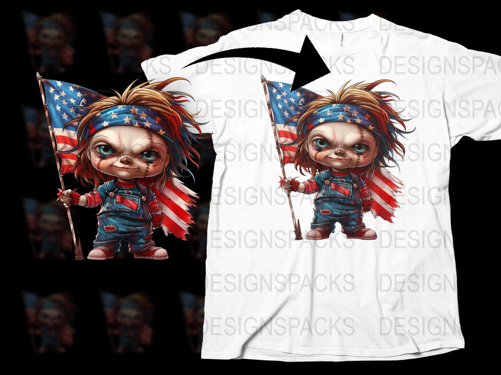 Patriotic Troll Doll Graphic T-Shirt, American Flag Design, Casual Wear for All Ages, Unique Gift Idea
