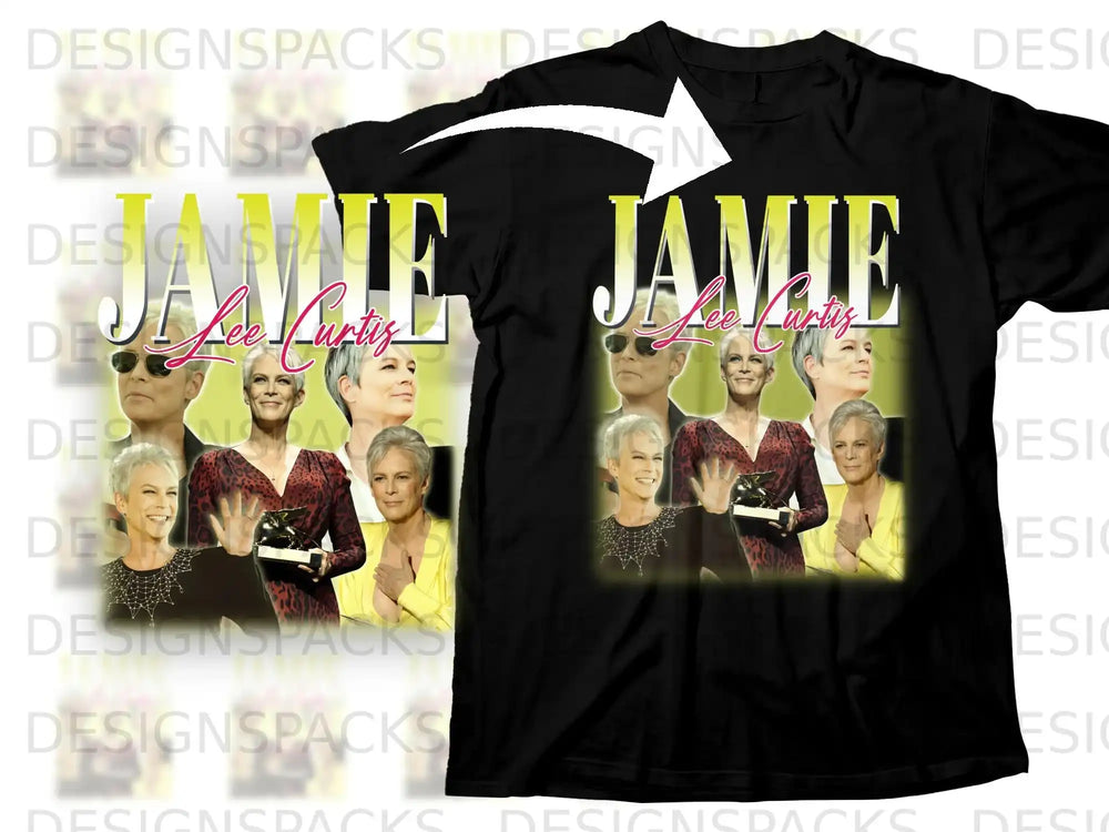Jamie Lee Curtis smiling on a black t-shirt design.
