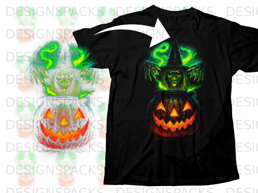 Black t-shirt with a Halloween witch and jack-o-lantern graphic.