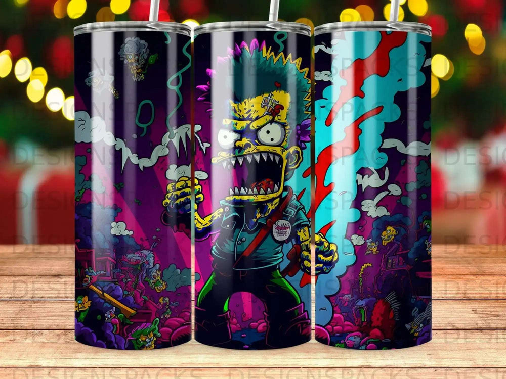 Bart Simpson in a cartoonish, horror-themed design on a tumbler.