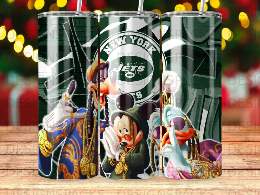 New York Jets themed tumbler with Mickey, Goofy, and Donald Duck characters.