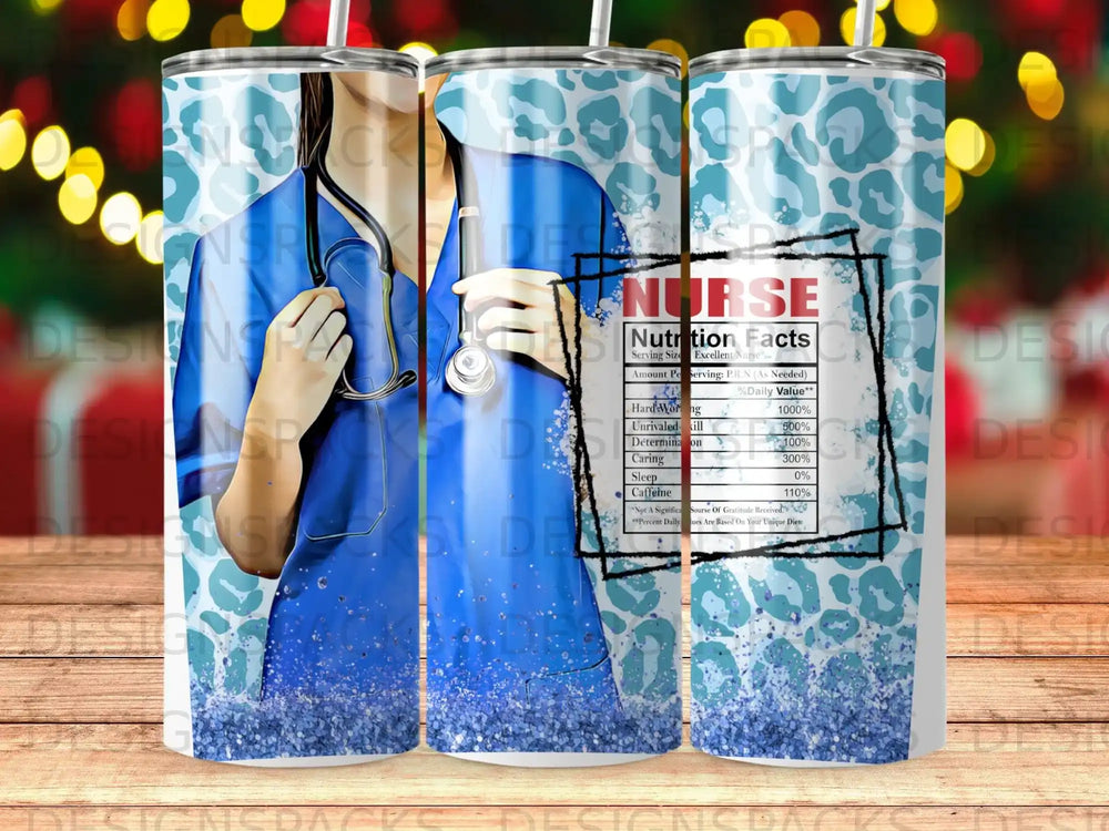 Tumbler with nurse nutrition facts label and leopard print design.