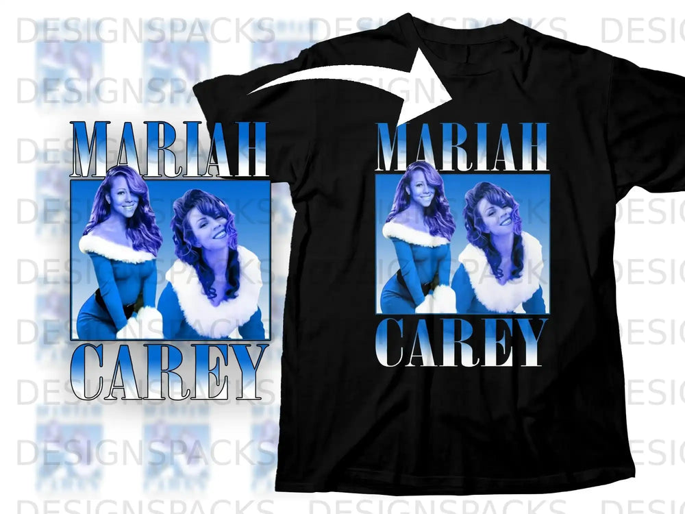 Mariah Carey blue Santa outfit portrait on black t-shirt.