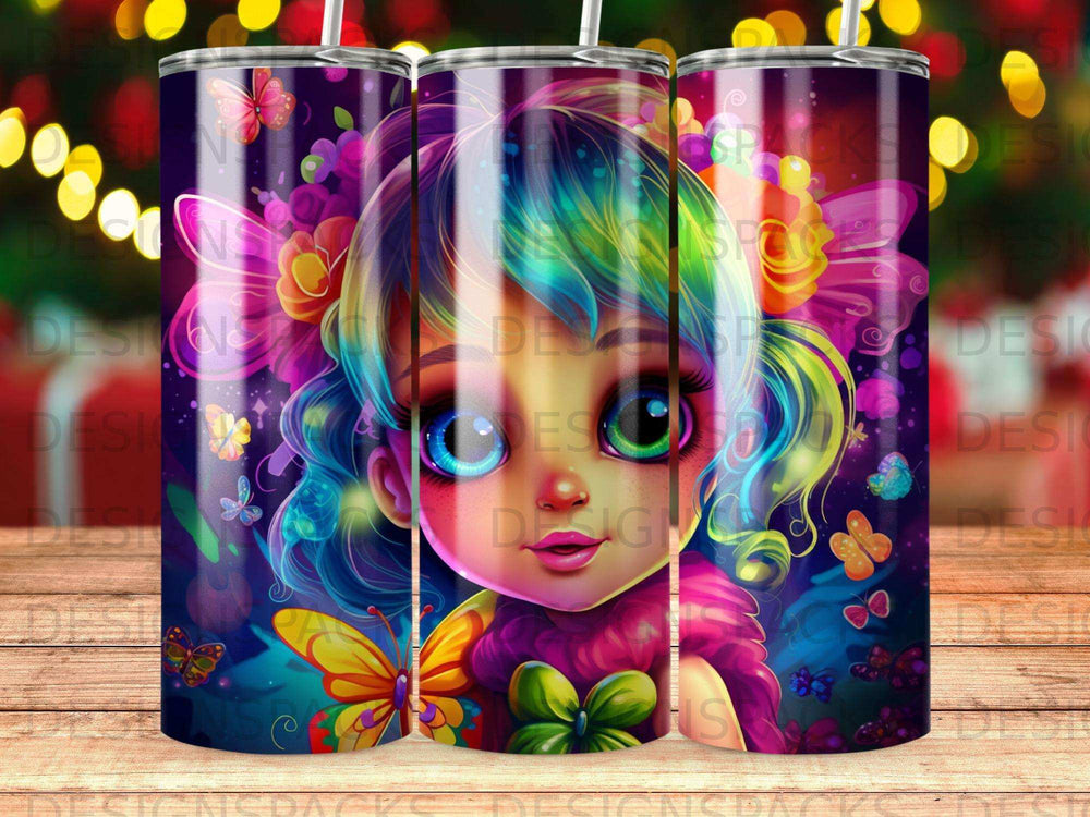 Whimsical cartoon girl with colorful hair and butterflies, art print design.
