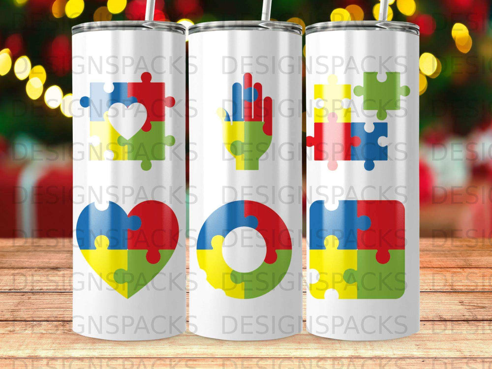 Three tumblers with interlocking puzzle pieces forming a heart and a stylized flag.