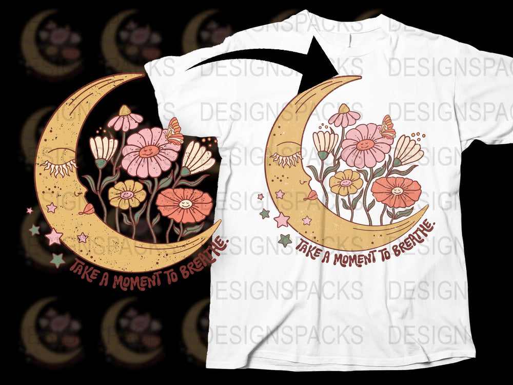 Floral Moon Graphic T-Shirt, Boho Style Tee, Women's Fashion Top, Inspirational Quote, Breath Design, Unique Full Moon Shirt