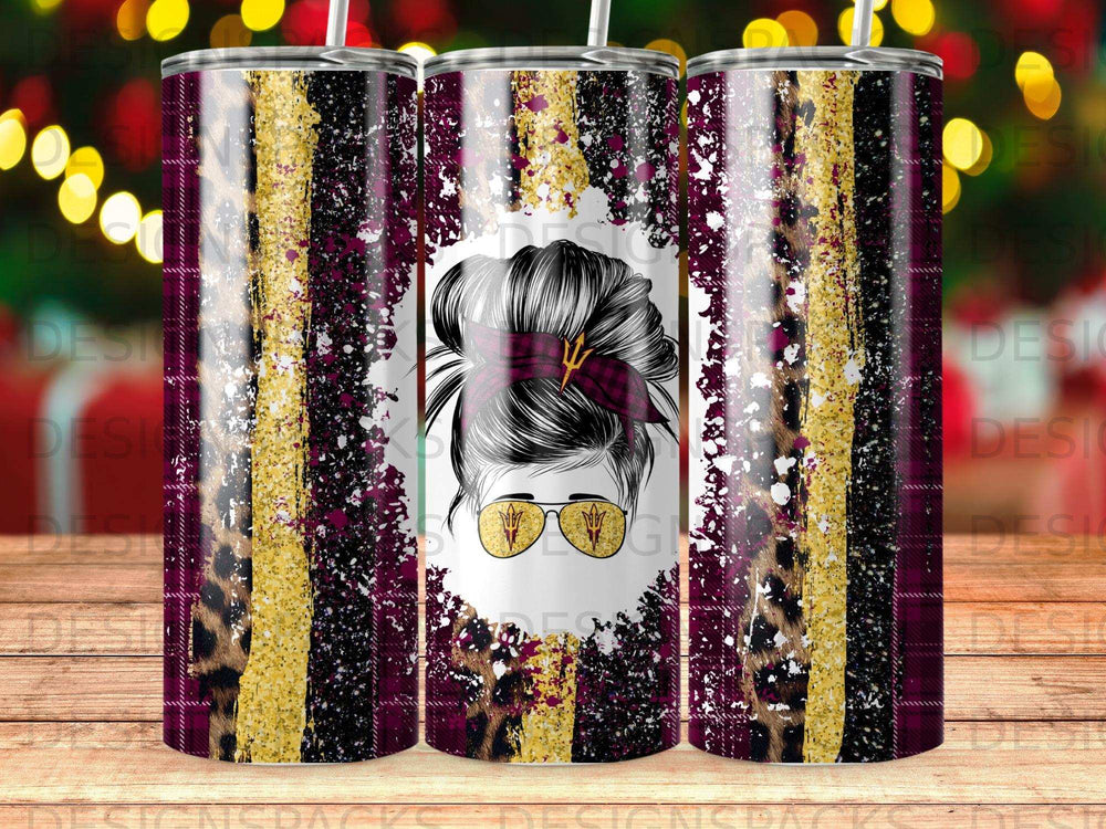 Tumbler with messy bun, leopard print, and distressed gold glitter stripes.