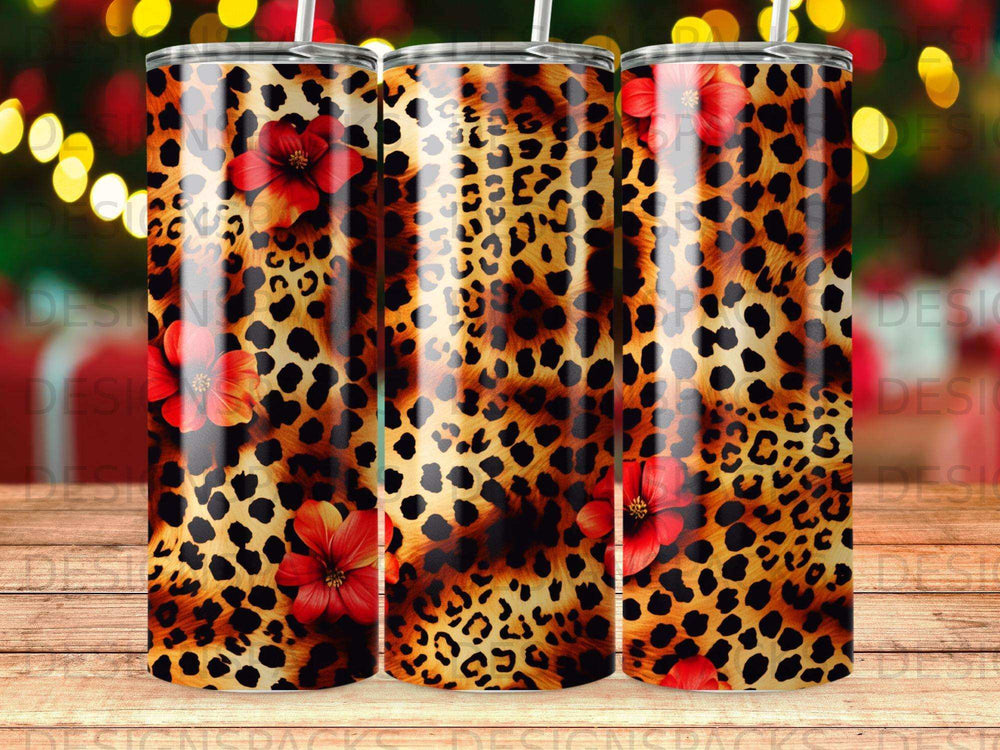 Leopard print tumbler with red flowers and festive bokeh background.
