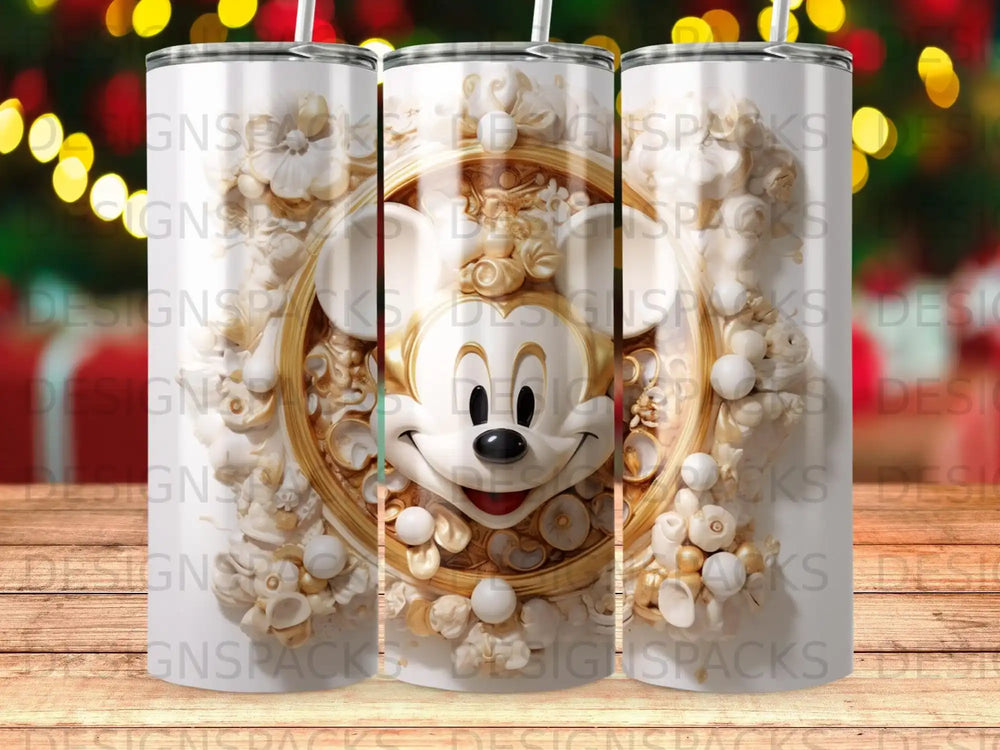 Close-up of Mickey Mouse face with ornate gold and white floral embellishments.