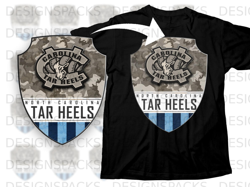 Shield logo with Tar Heels text, camouflage, and blue stripes on a black t-shirt.