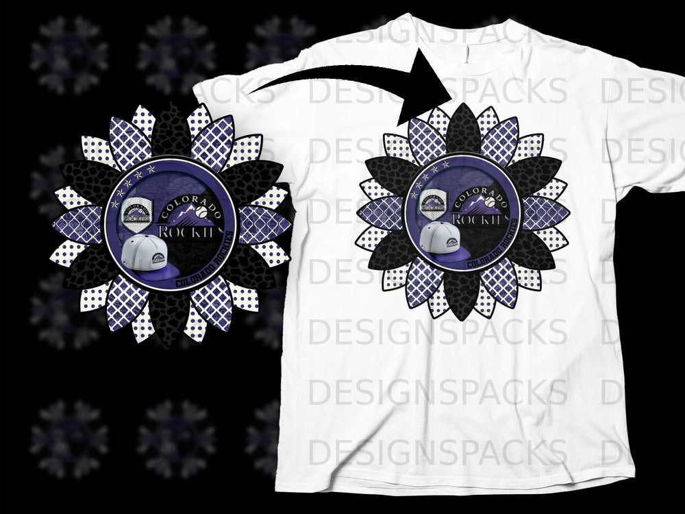 Colorado Rockies sunflower graphic with baseball cap on white t-shirt.