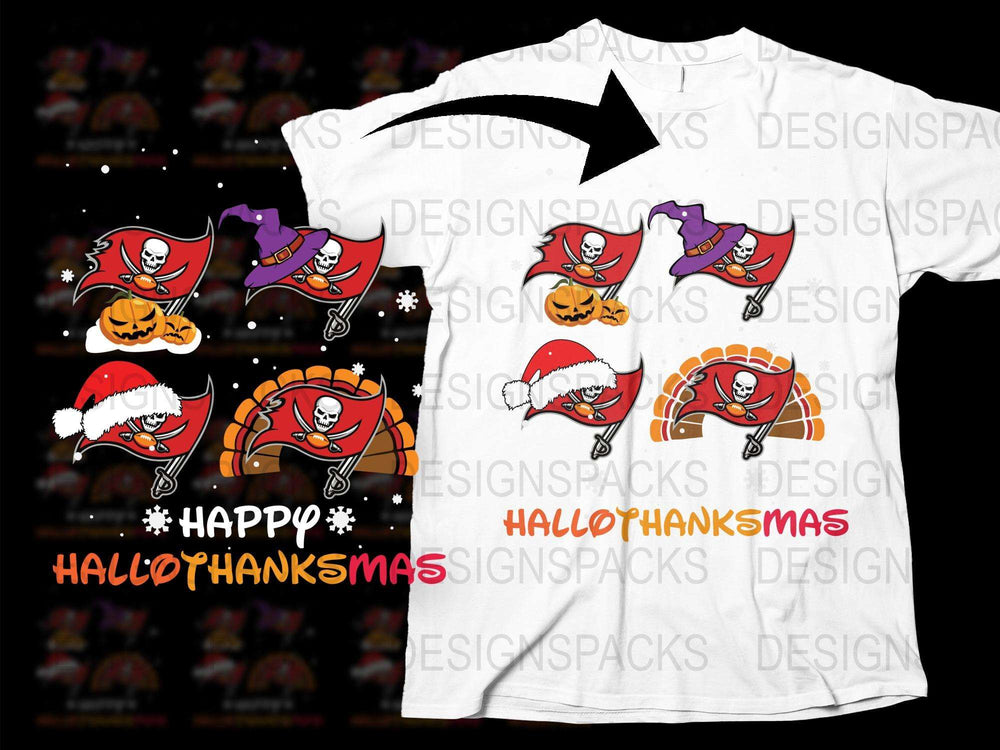 Festive Holiday T-Shirt Happy HallowThanksMas, Santa Pumpkin Graphic Tee, Unisex Christmas Thanksgiving Shirt