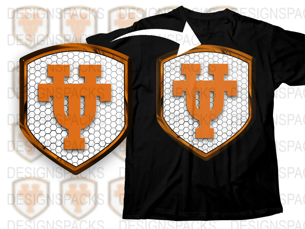 Men's Black T-Shirt with Orange 3D Cross Emblem, Sporty Mesh Background, Athletic Casual Wear