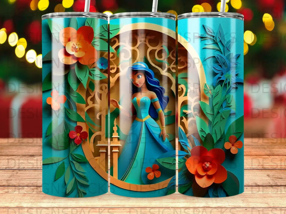 Woman in blue dress with ornate gold and teal floral background.