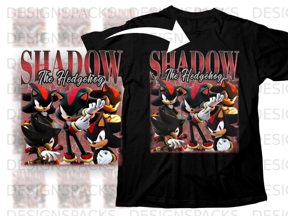 Shadow the Hedgehog characters on a black t-shirt.