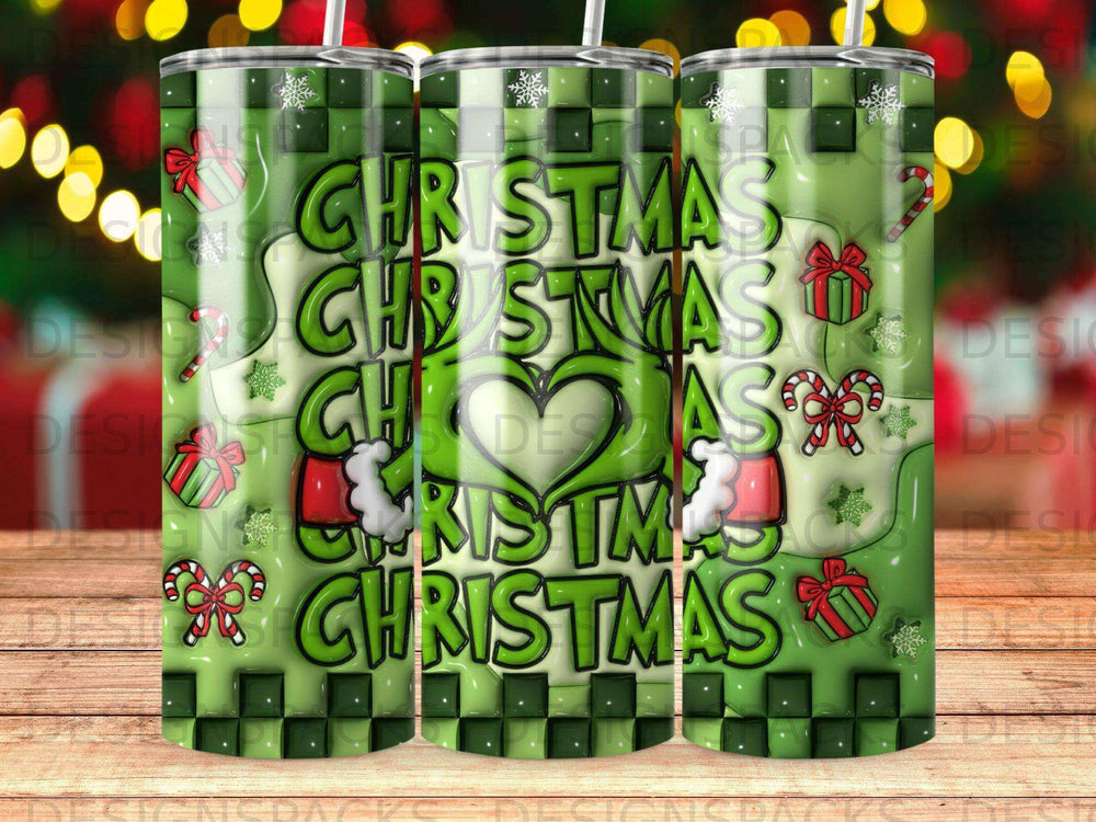 Green Christmas tumbler with plaid pattern and festive holiday icons.