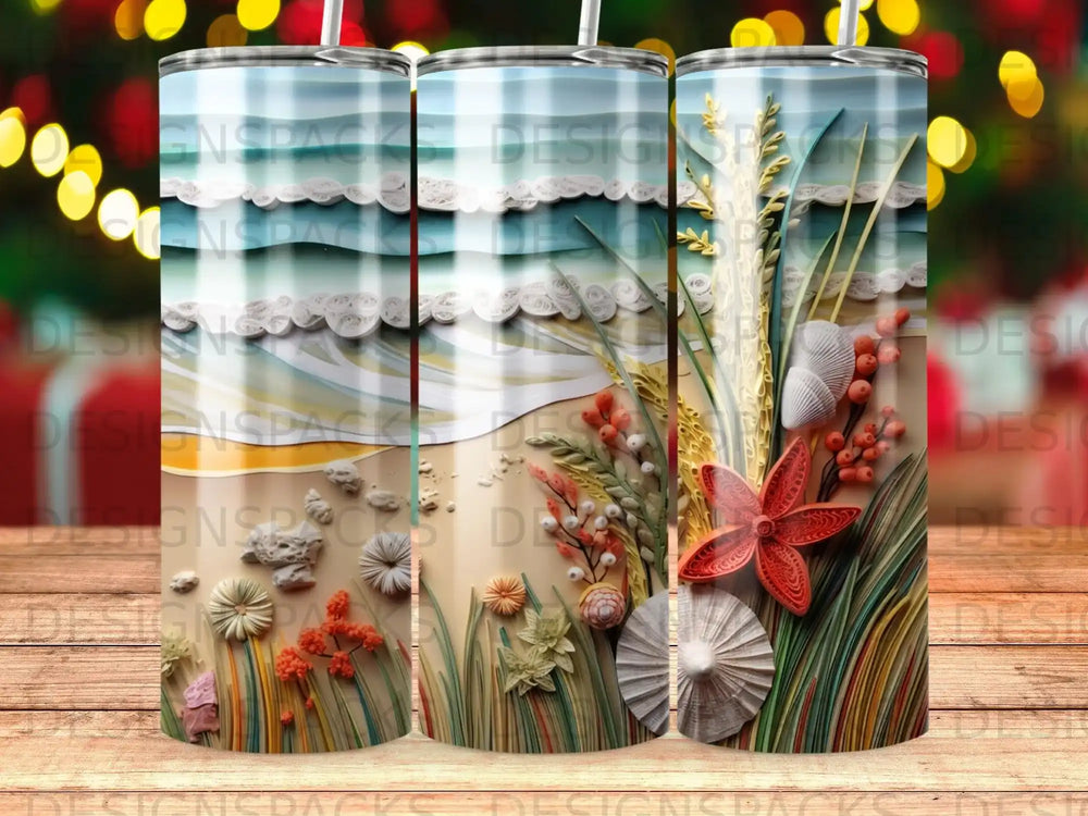 Seashells, flowers, and ocean waves pattern on three tumblers.