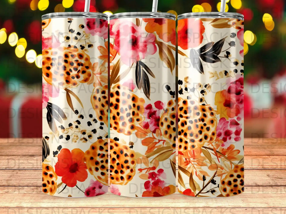 Floral and leopard print tumbler with straw, set of three.