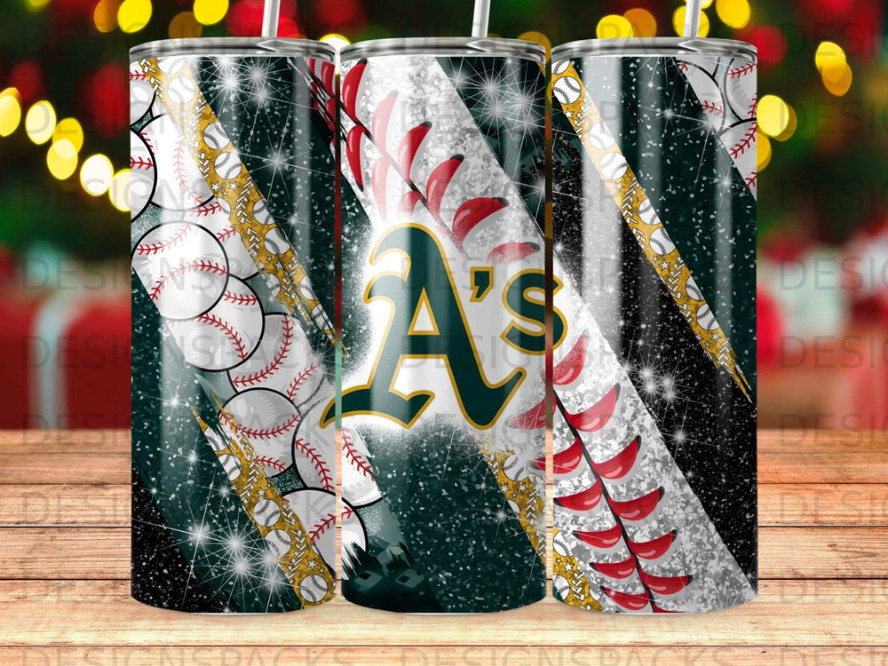 Oakland Athletics logo on a glittery baseball-themed tumbler.
