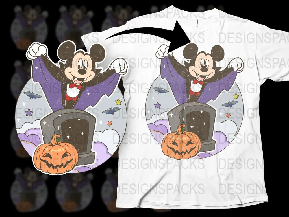 Halloween Mickey Mouse T-Shirt, Spooky Cartoon Vampire Bat Design, Kids and Adults Casual Wear