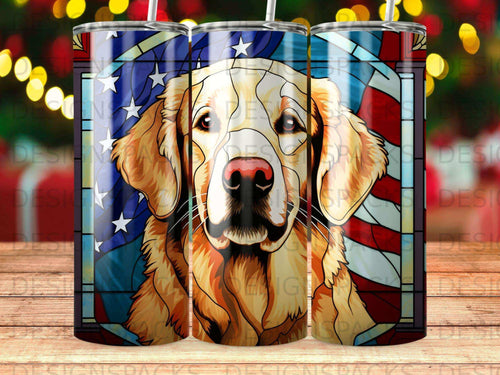 Golden retriever portrait superimposed on stained glass American flag background.