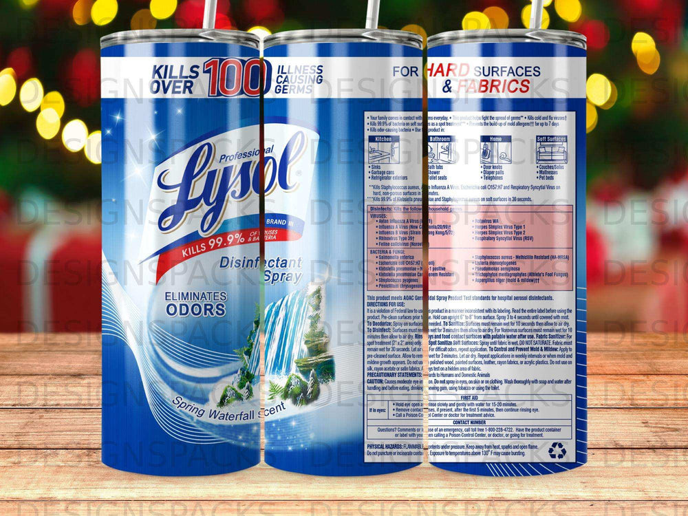 Lysol disinfectant spray in Spring Waterfall scent, kills 99.9% of germs.