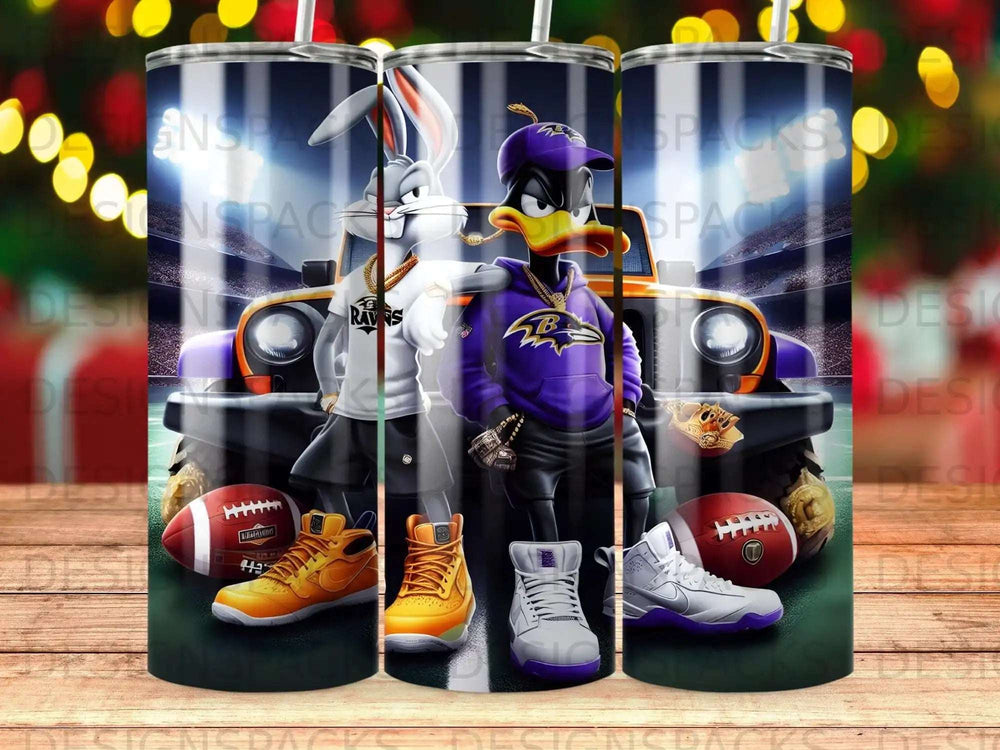 Bugs Bunny and Daffy Duck in Ravens gear with footballs and sneakers.