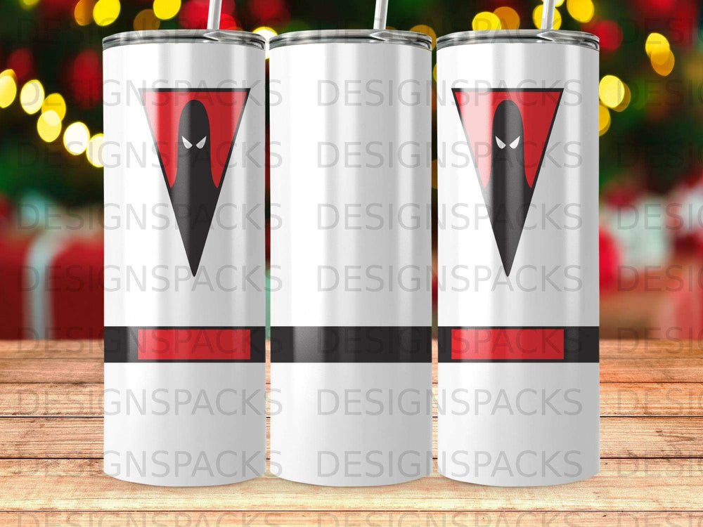 Three tumblers with a black and red geometric design and "DESIGNSPACKS" text.