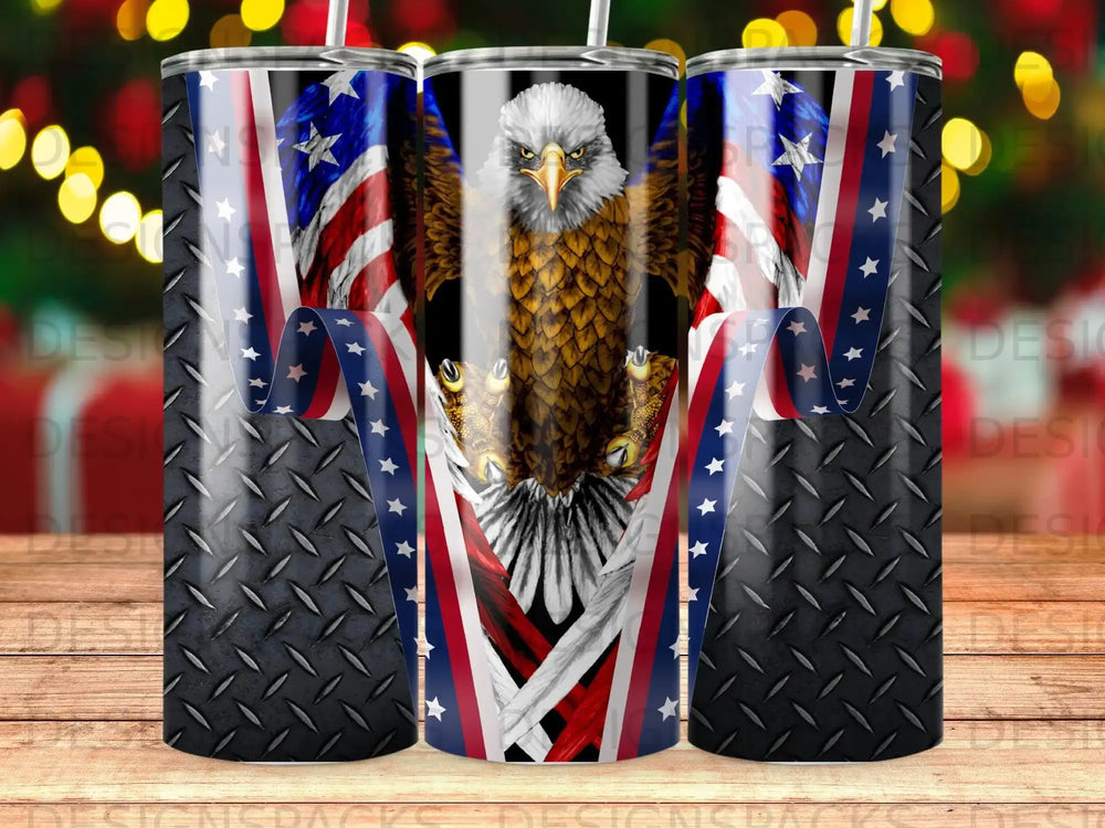 Tumbler with American flag eagle design and diamond plate pattern.