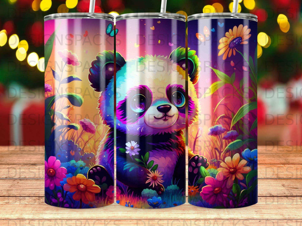 Colorful panda sits among flowers, holding a daisy, on a tumbler.