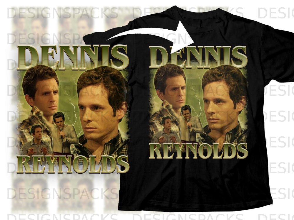 Black t-shirt with "DENNIS REYNOLDS" and character portraits in vintage style.