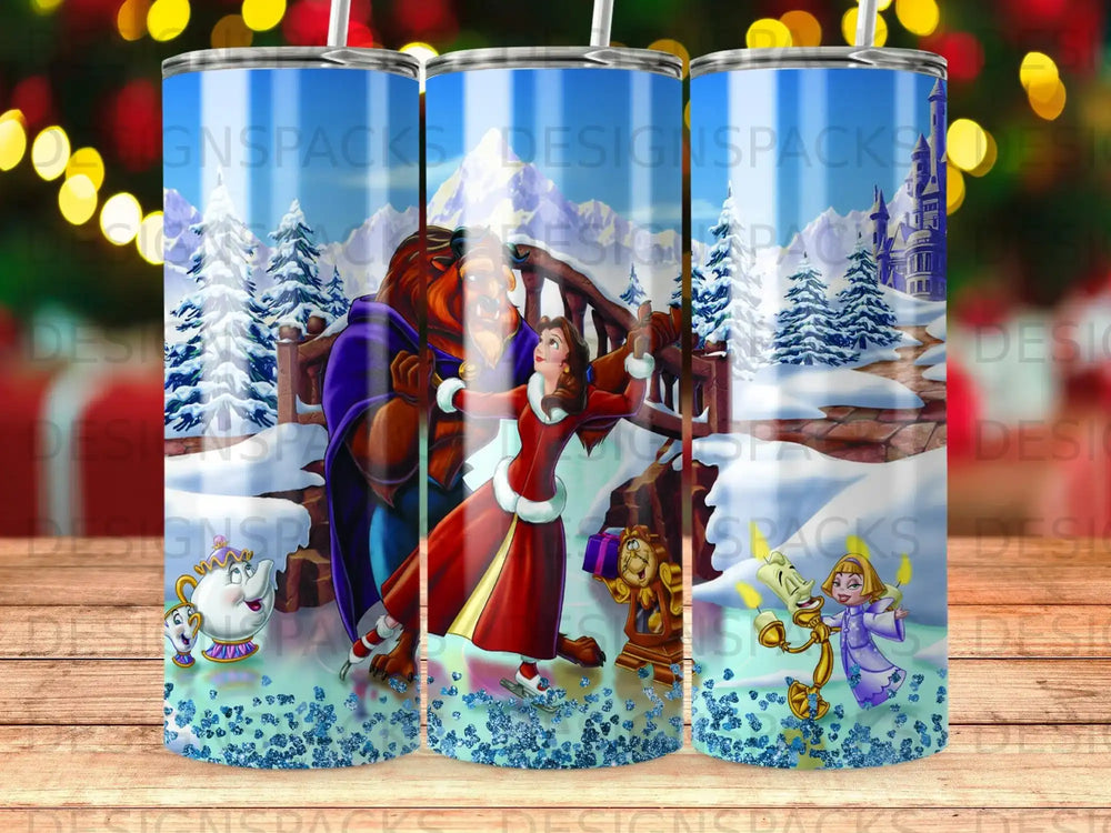 Beauty and the Beast characters dancing in a snowy winter scene.