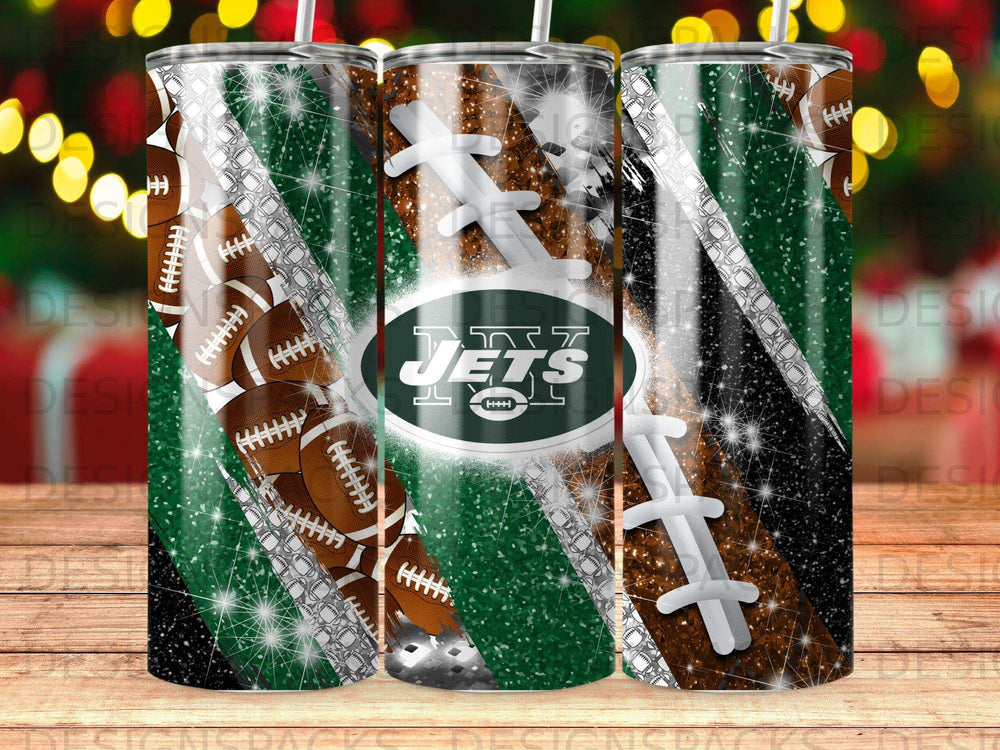 Tumbler with footballs, green glitter, and "Jets" logo.
