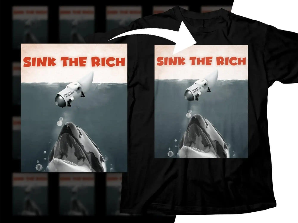 Sink The Rich t-shirt design with orca and submarine, print-ready graphic for DTG/DTF