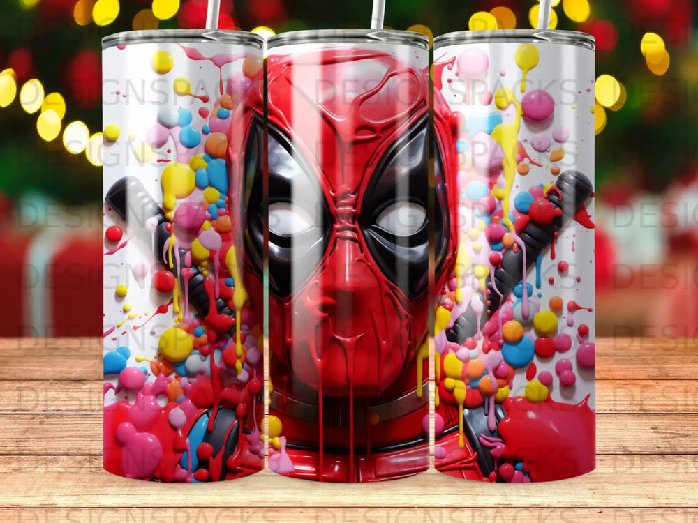 Deadpool's face with colorful splatters against a bokeh background.