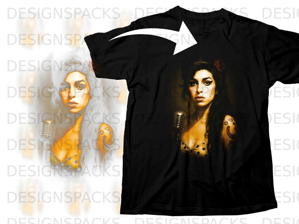 Black t-shirt with graphic of Amy Winehouse in front of microphone.