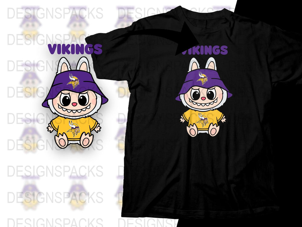 Vikings Cartoon Character T-Shirt, Cute Purple and Yellow Funny Mascot Tee, Unisex Kids and Adult Sizes
