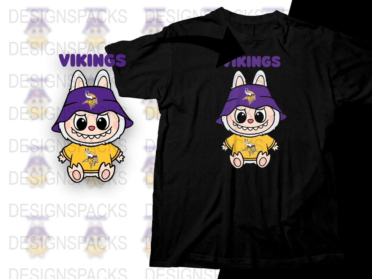Vikings Cartoon Character T-Shirt, Cute Purple and Yellow Funny Mascot Tee, Unisex Kids and Adult Sizes